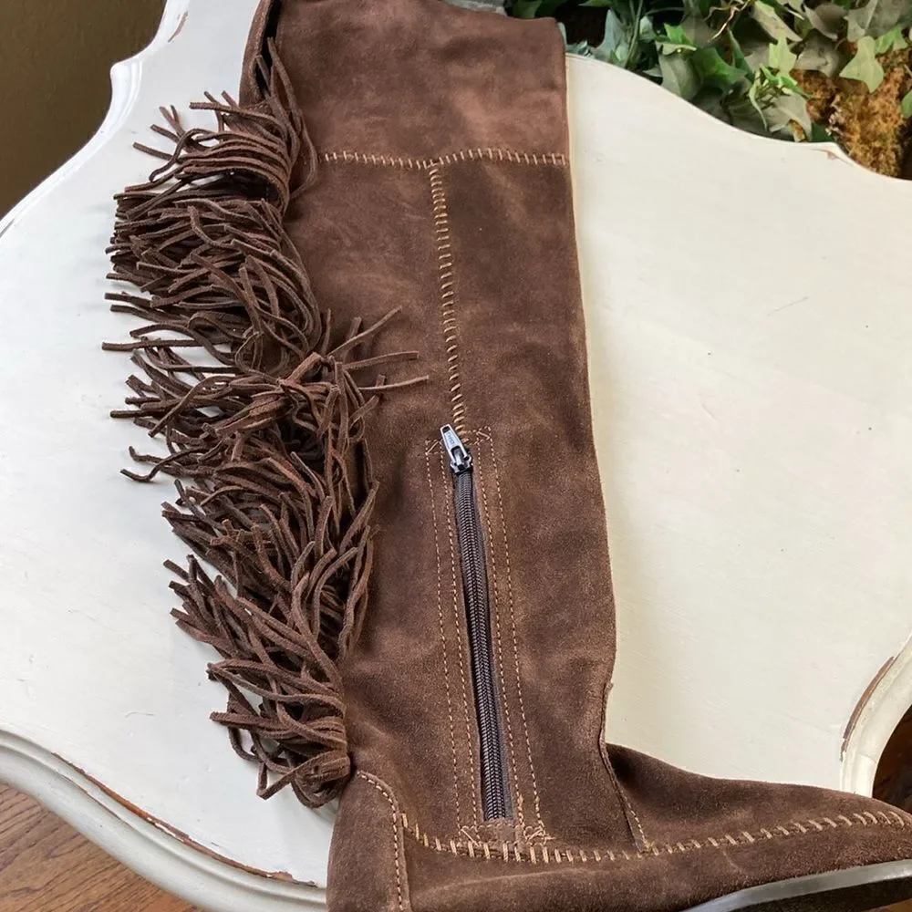 New Minnetonka Tall Leather Suede Brown Fringe Tall Moccasin Boots Size 5